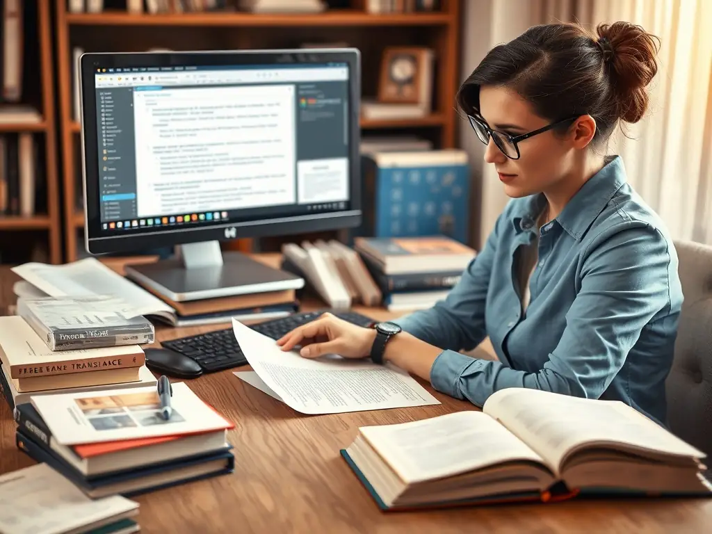 A professional translator working on a computer, reviewing a document with translation annotations, in a modern office setting. The image should convey accuracy and attention to detail.