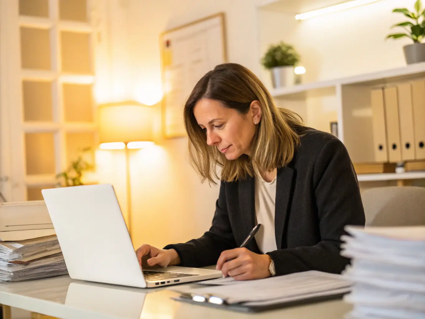 A professional working at a desk, reviewing documents needed for apostille services. The setting is an organized office, conveying efficiency and attention to detail.