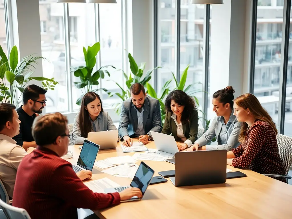 A diverse group of business professionals from different cultural backgrounds collaborating on a project, emphasizing the role of translation in facilitating international business communication.