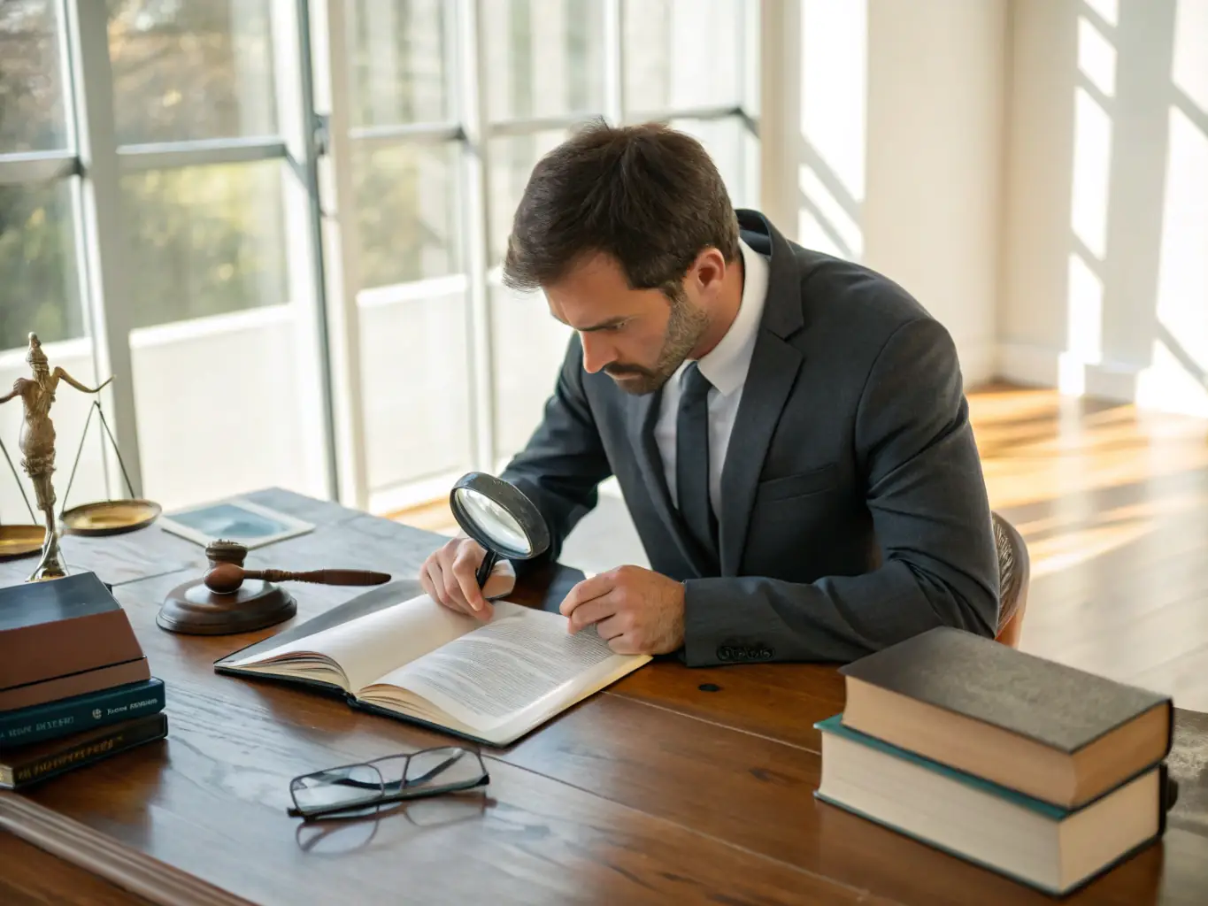 A professional notary public carefully reviewing a legal document before applying their official seal, with a modern office setting in the background.