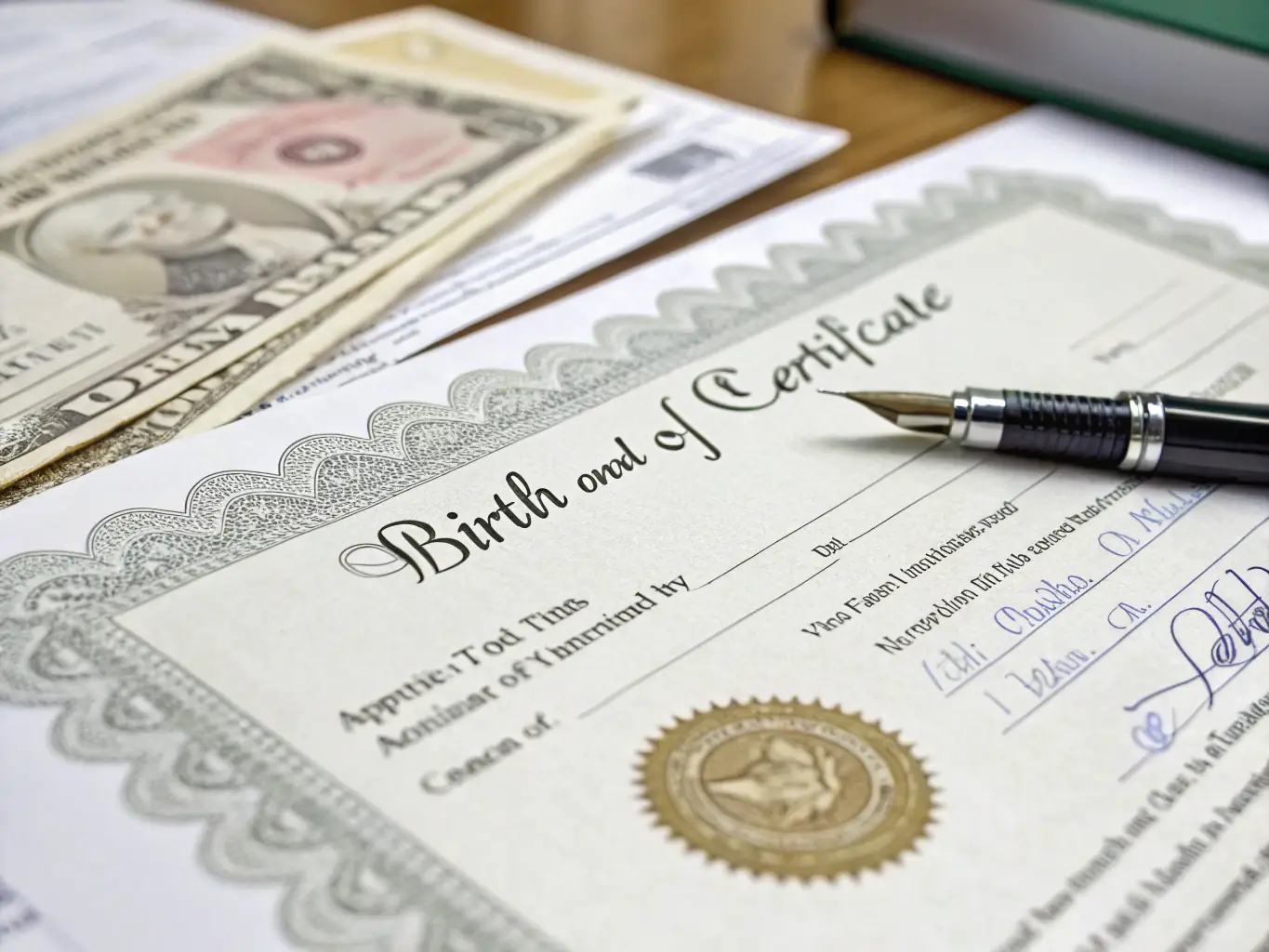 A close-up shot of a birth certificate being translated, with a focus on the official stamps and seals, highlighting the importance of accuracy in translating vital records.