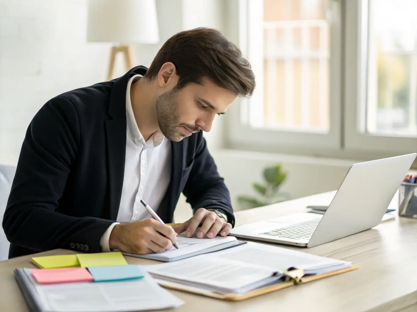 A professional translator working diligently at their desk, surrounded by stacks of documents and language dictionaries, focused on accurately translating a legal document.